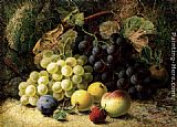 Grapes Paintings - Grapes, Apples, A Plum, A Peach And A Strawberry, On A Mossy Bank by Oliver Clare